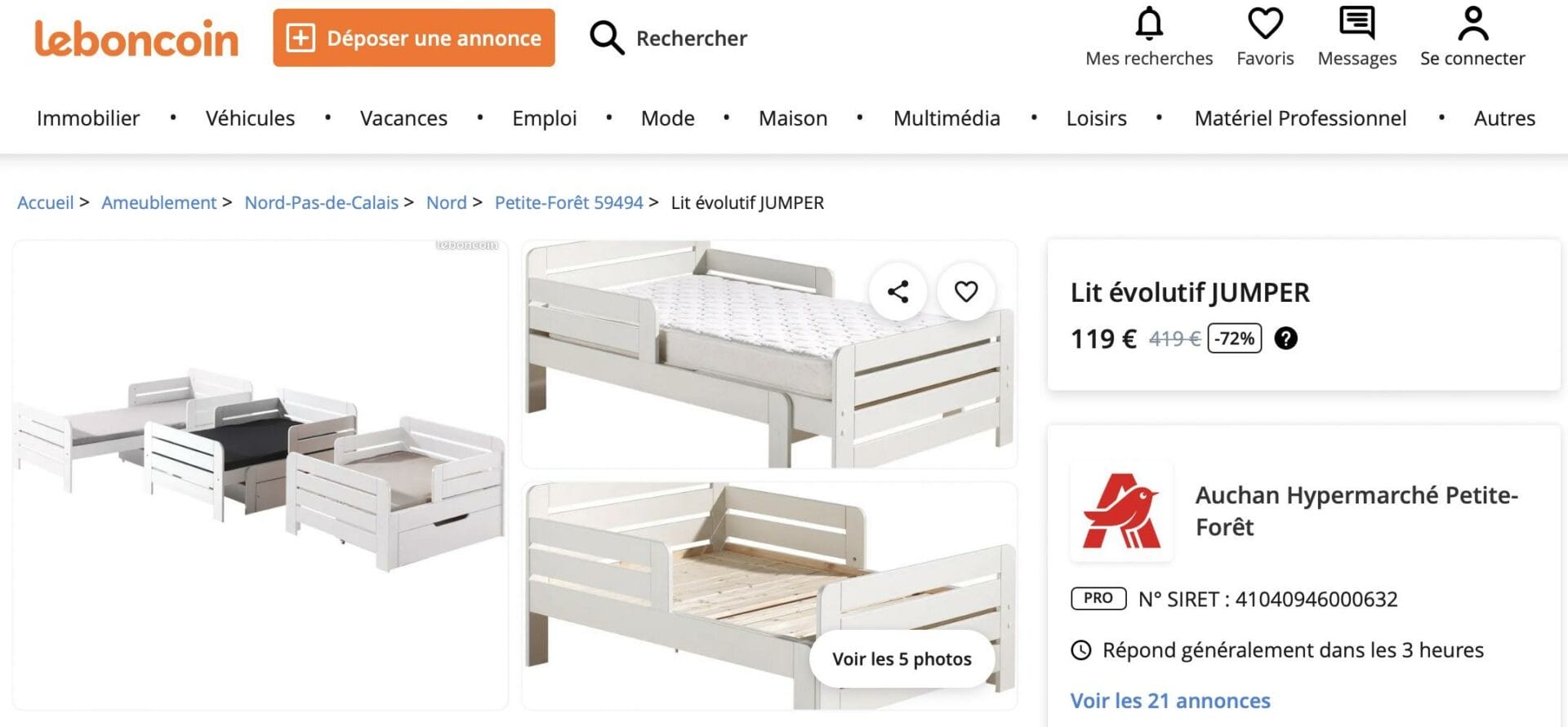 Exemple d’un produit commercialisé par Auchan Hypermarché Petite-Forêt sur Leboncoin