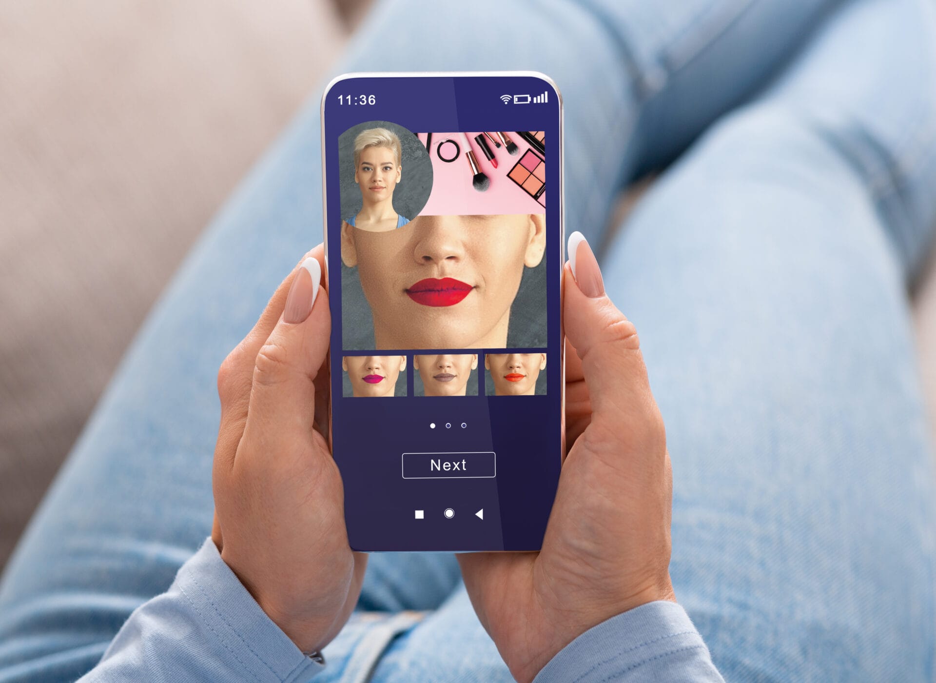 Augmented Extended AI Reality Beauty App. Woman Trying Different Lipstick Color Makeup On Smartphone